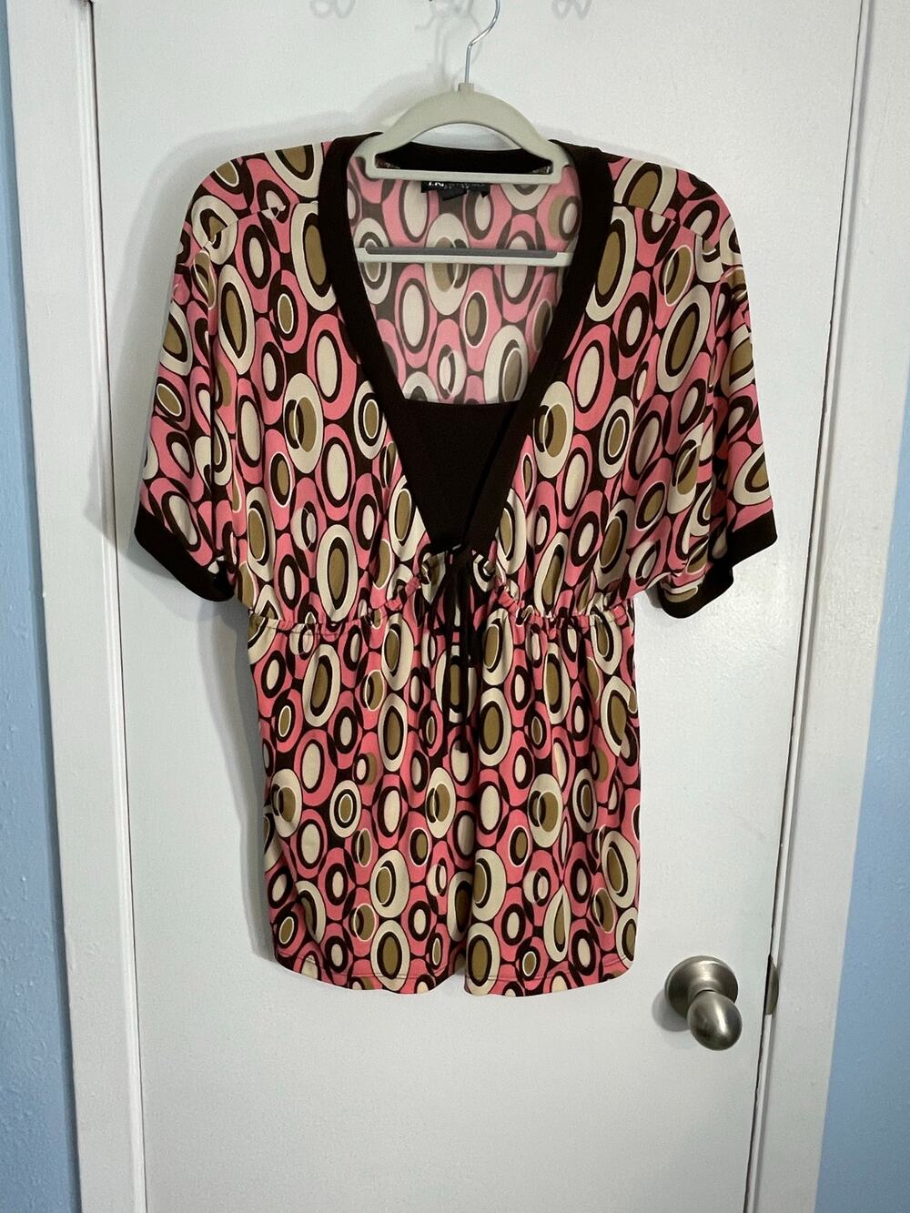 Y2K I.N. Studio Blouse Large Petite Pink Brown Geometric 90s Gilmore Girls Retro